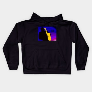 Silhouette of a Jazz Saxophone Player, Purple Blue Background Kids Hoodie